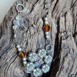 Handmade Floral Cluster Bracelet | Amber Crystal & Silver Tone Beaded Bracelet